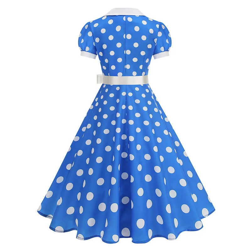 Women's Vintage Polka Dot Summer Dress Short Sleeve V-Neck A-Line Casual Party Robe Femme Pin up Style