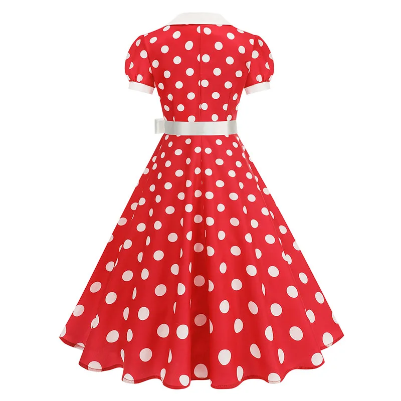 Women's Vintage Polka Dot Summer Dress Short Sleeve V-Neck A-Line Casual Party Robe Femme Pin up Style