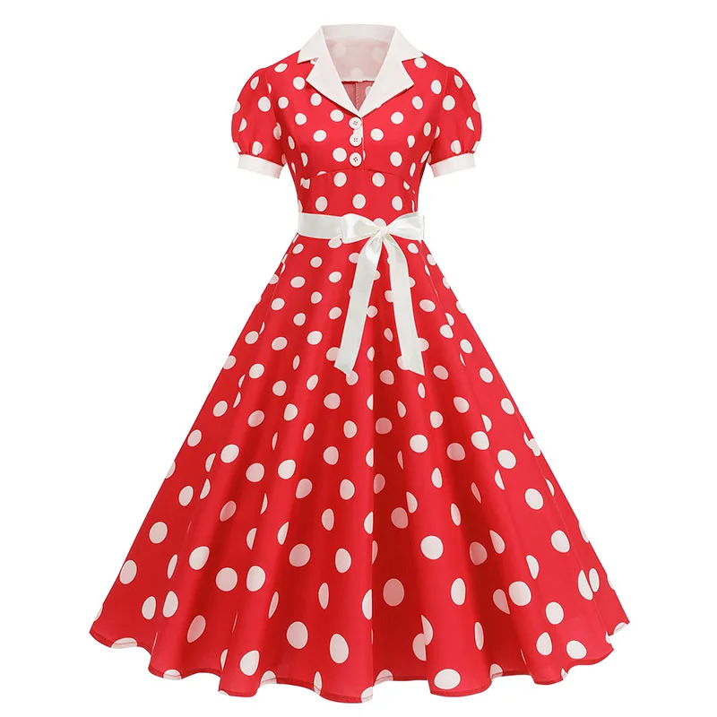 Women's Vintage Polka Dot Summer Dress Short Sleeve V-Neck A-Line Casual Party Robe Femme Pin up Style