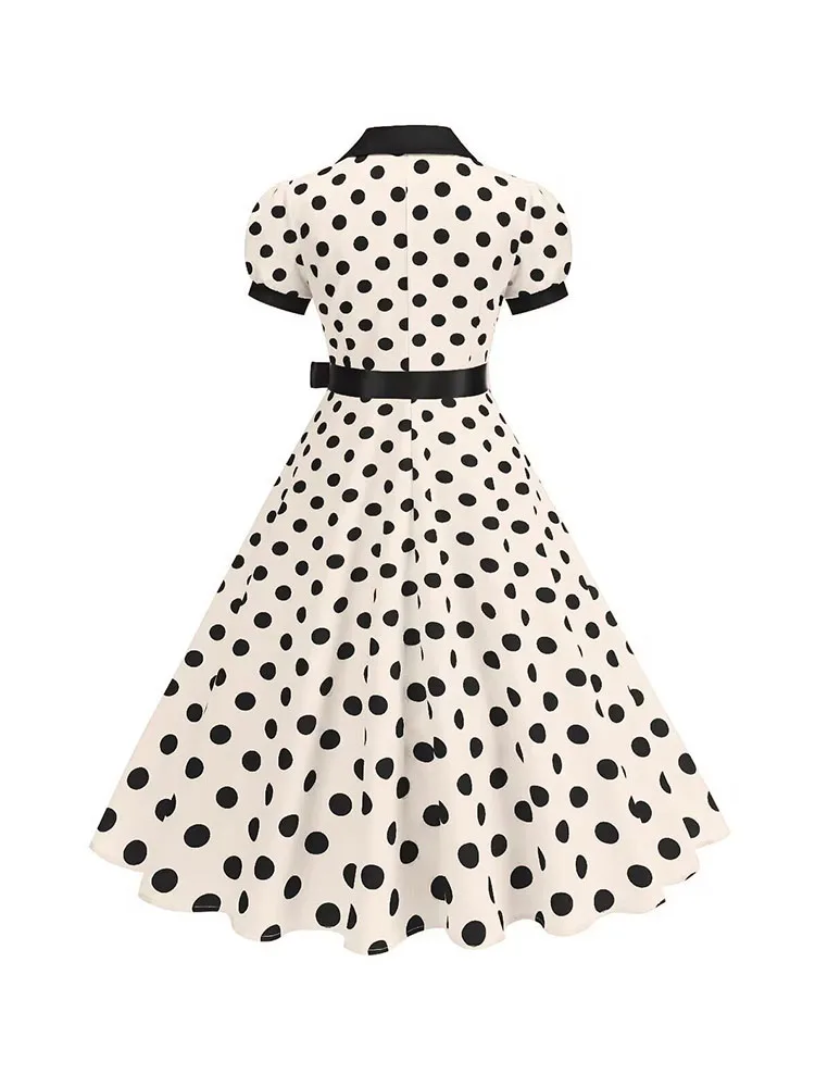 Women's Vintage Polka Dot Summer Dress Short Sleeve V-Neck A-Line Casual Party Robe Femme Pin up Style