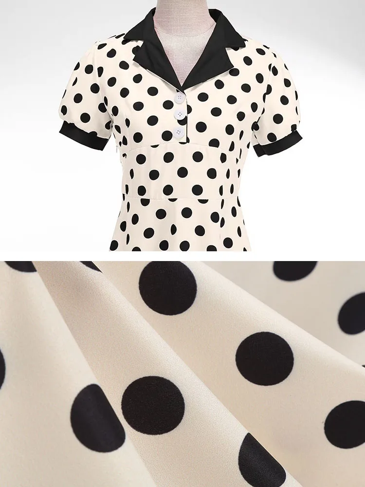 Women's Vintage Polka Dot Summer Dress Short Sleeve V-Neck A-Line Casual Party Robe Femme Pin up Style