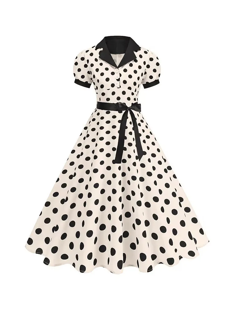 Women's Vintage Polka Dot Summer Dress Short Sleeve V-Neck A-Line Casual Party Robe Femme Pin up Style