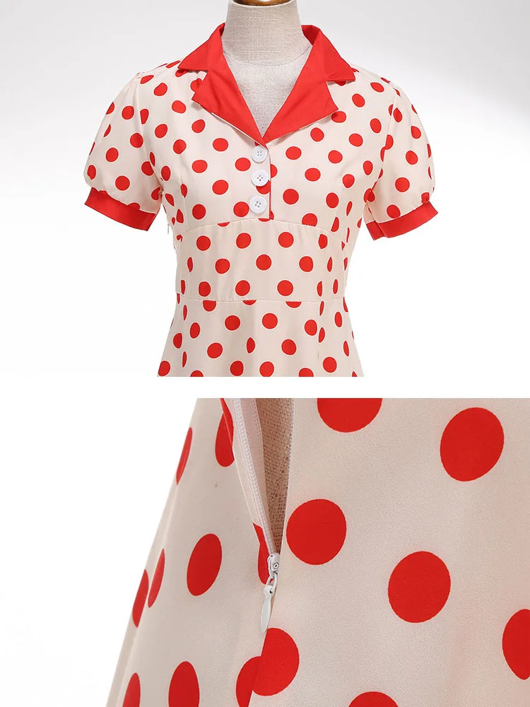 Women's Vintage Polka Dot Summer Dress Short Sleeve V-Neck A-Line Casual Party Robe Femme Pin up Style