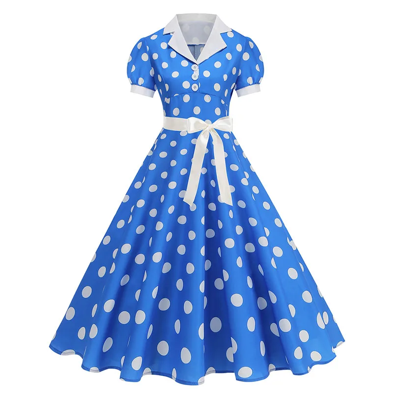 Women's Vintage Polka Dot Summer Dress Short Sleeve V-Neck A-Line Casual Party Robe Femme Pin up Style
