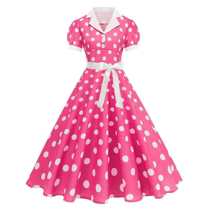 Women's Vintage Polka Dot Summer Dress Short Sleeve V-Neck A-Line Casual Party Robe Femme Pin up Style