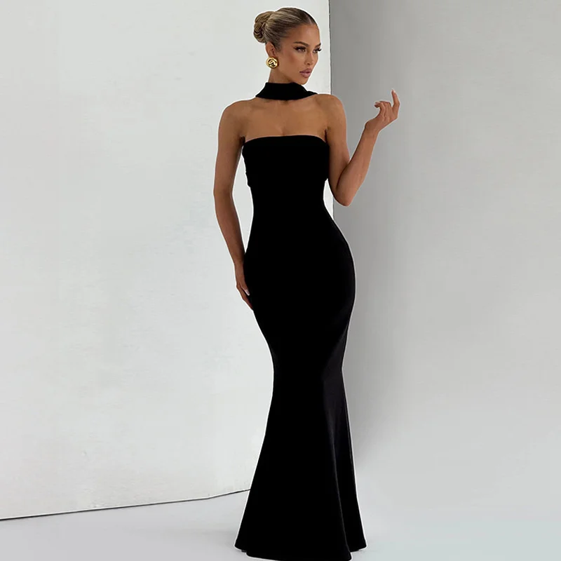 Mozision Off-shoulder Strapless Sexy Maxi Dress Women Gown Scarf Collar Sleeveless Backless Bodycon Club Party Evening Dresses