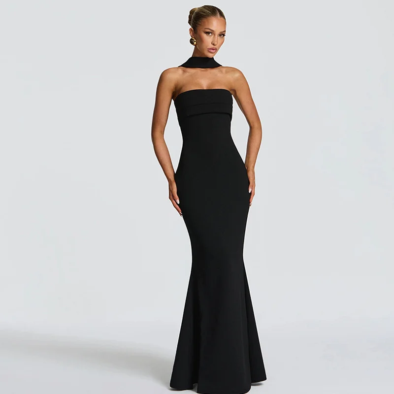 Mozision Off-shoulder Strapless Sexy Maxi Dress Women Gown Scarf Collar Sleeveless Backless Bodycon Club Party Evening Dresses