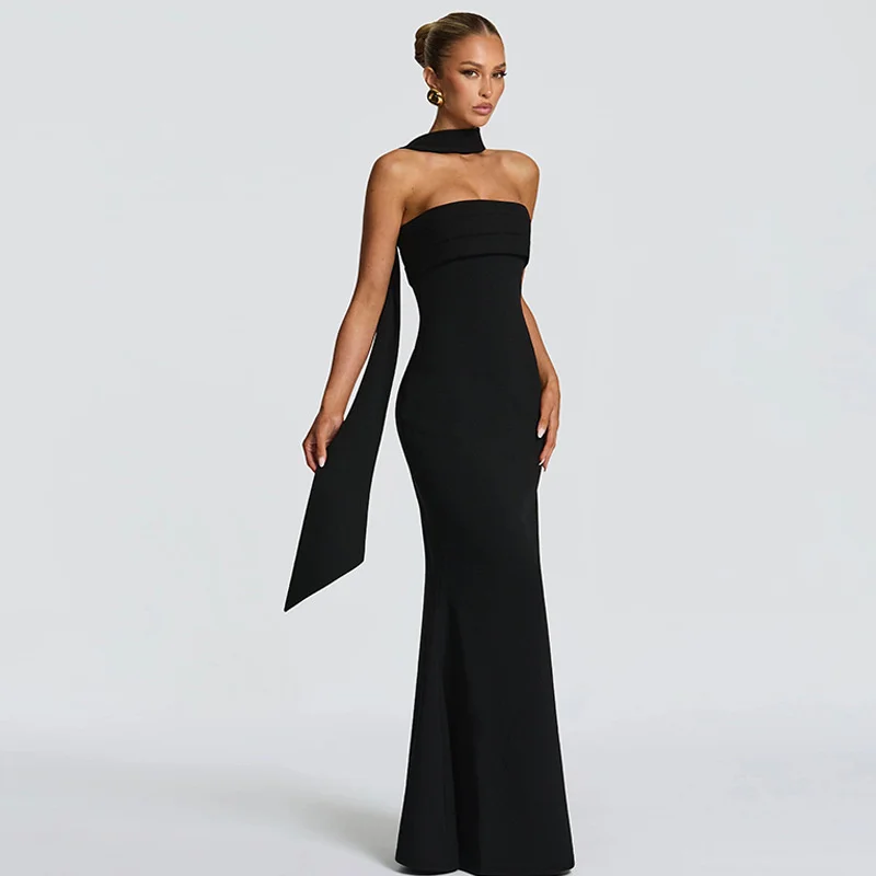 Mozision Off-shoulder Strapless Sexy Maxi Dress Women Gown Scarf Collar Sleeveless Backless Bodycon Club Party Evening Dresses