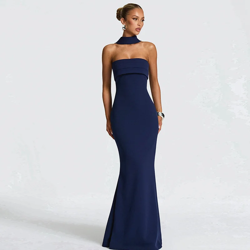 Mozision Off-shoulder Strapless Sexy Maxi Dress Women Gown Scarf Collar Sleeveless Backless Bodycon Club Party Evening Dresses