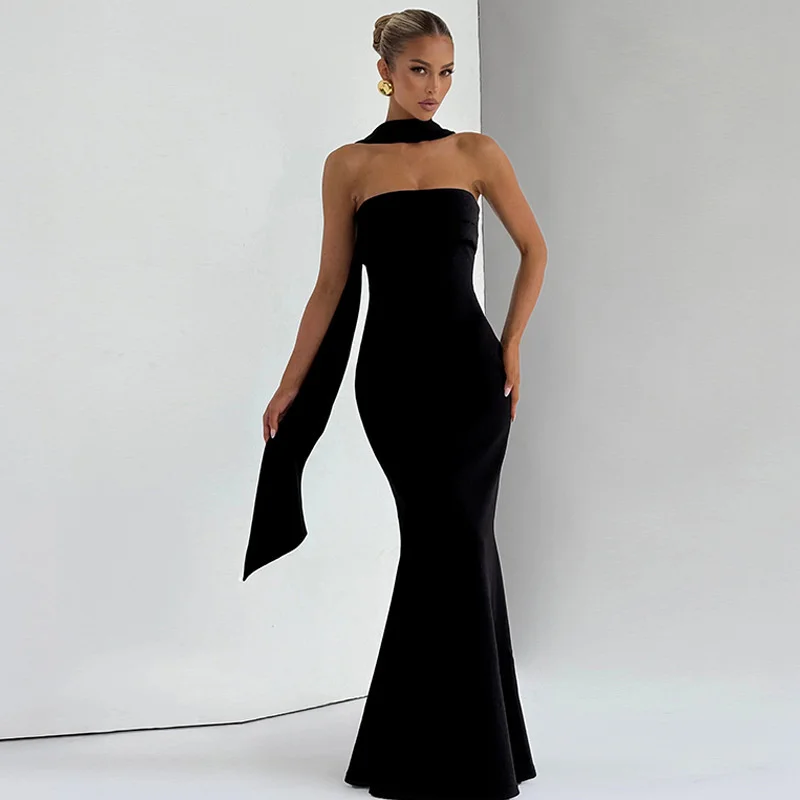 Mozision Off-shoulder Strapless Sexy Maxi Dress Women Gown Scarf Collar Sleeveless Backless Bodycon Club Party Evening Dresses