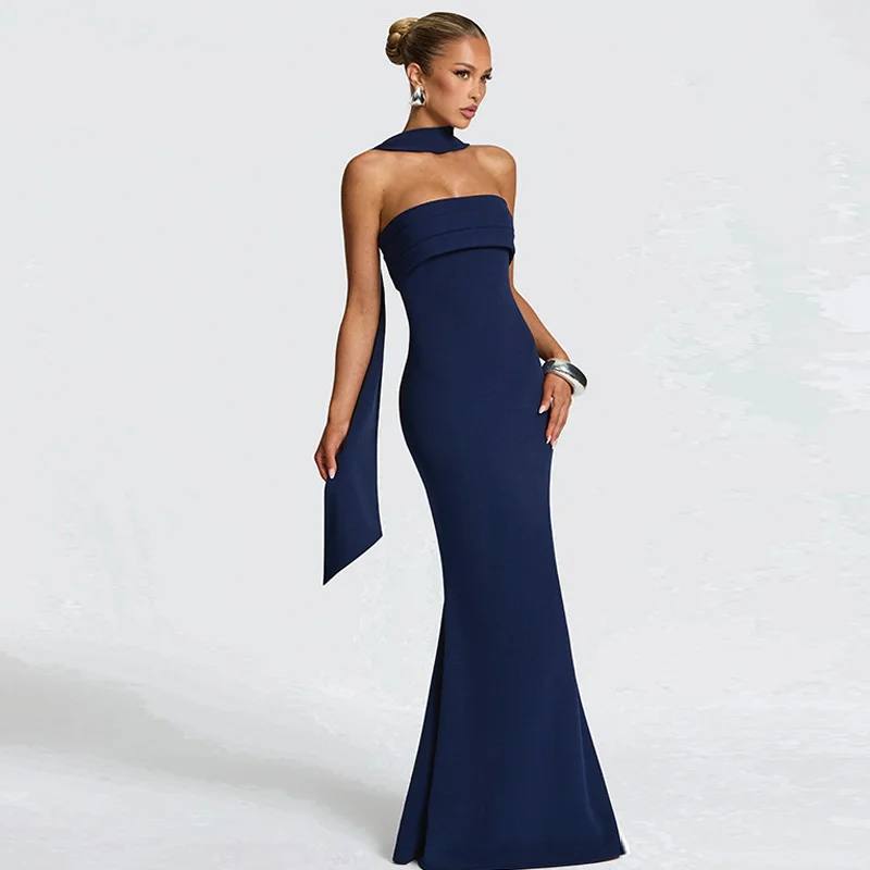 Mozision Off-shoulder Strapless Sexy Maxi Dress Women Gown Scarf Collar Sleeveless Backless Bodycon Club Party Evening Dresses
