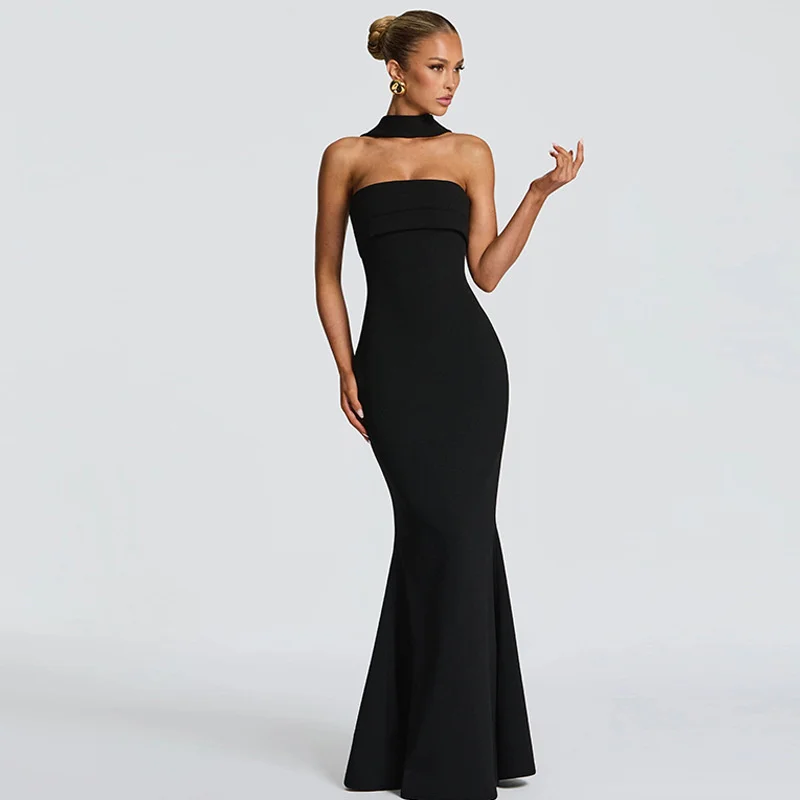 Mozision Off-shoulder Strapless Sexy Maxi Dress Women Gown Scarf Collar Sleeveless Backless Bodycon Club Party Evening Dresses
