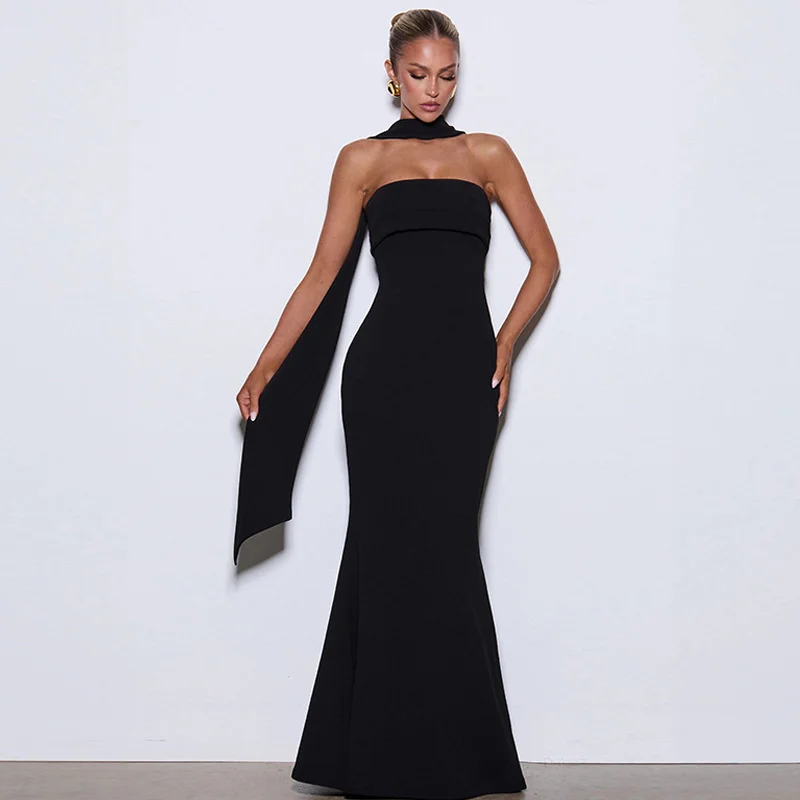 Mozision Off-shoulder Strapless Sexy Maxi Dress Women Gown Scarf Collar Sleeveless Backless Bodycon Club Party Evening Dresses