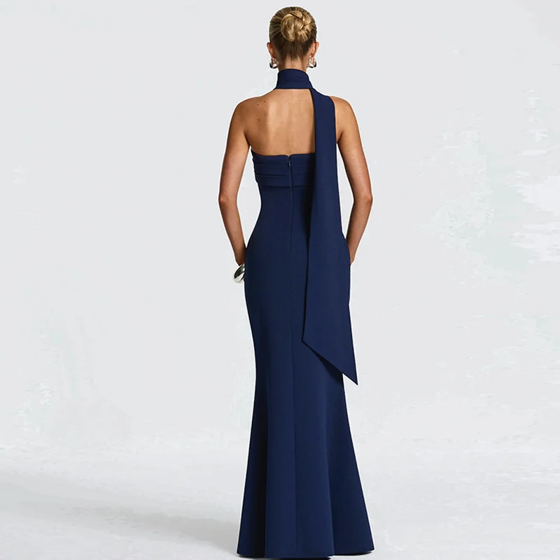 Mozision Off-shoulder Strapless Sexy Maxi Dress Women Gown Scarf Collar Sleeveless Backless Bodycon Club Party Evening Dresses