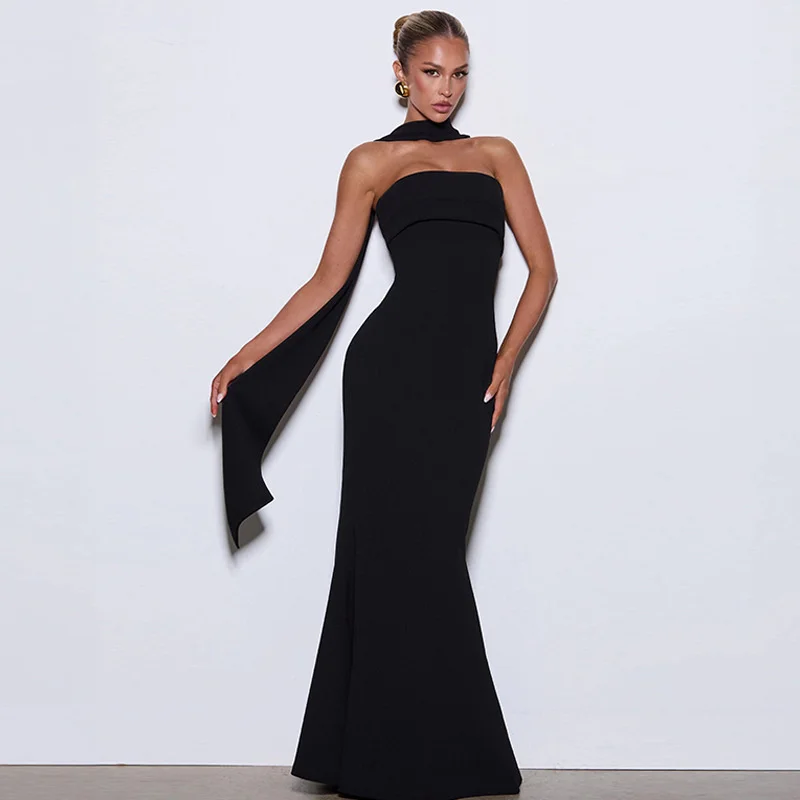 Mozision Off-shoulder Strapless Sexy Maxi Dress Women Gown Scarf Collar Sleeveless Backless Bodycon Club Party Evening Dresses