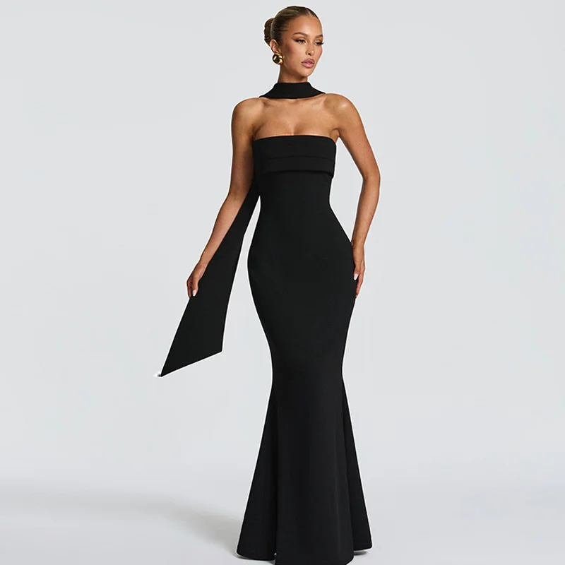 Mozision Off-shoulder Strapless Sexy Maxi Dress Women Gown Scarf Collar Sleeveless Backless Bodycon Club Party Evening Dresses