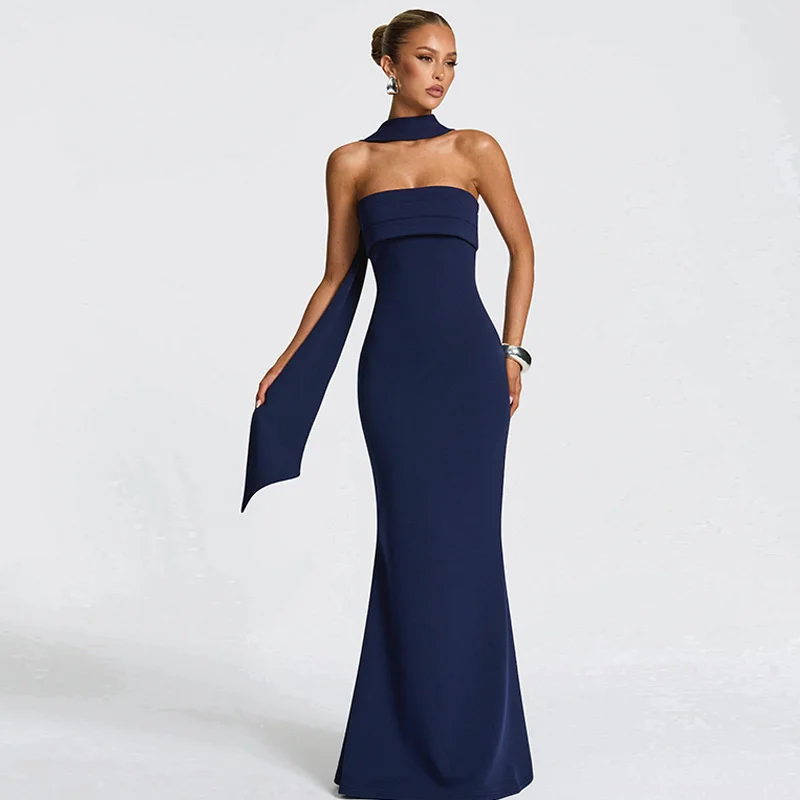 Mozision Off-shoulder Strapless Sexy Maxi Dress Women Gown Scarf Collar Sleeveless Backless Bodycon Club Party Evening Dresses