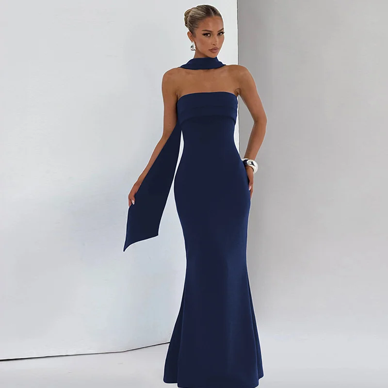 Mozision Off-shoulder Strapless Sexy Maxi Dress Women Gown Scarf Collar Sleeveless Backless Bodycon Club Party Evening Dresses