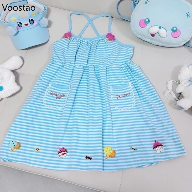 Japanese Cute Lolita Style Princess Dress Women Sweet Striped Cartoon Embroidery Strap Dresses Girls Kawaii Y2k Party Mini Dres