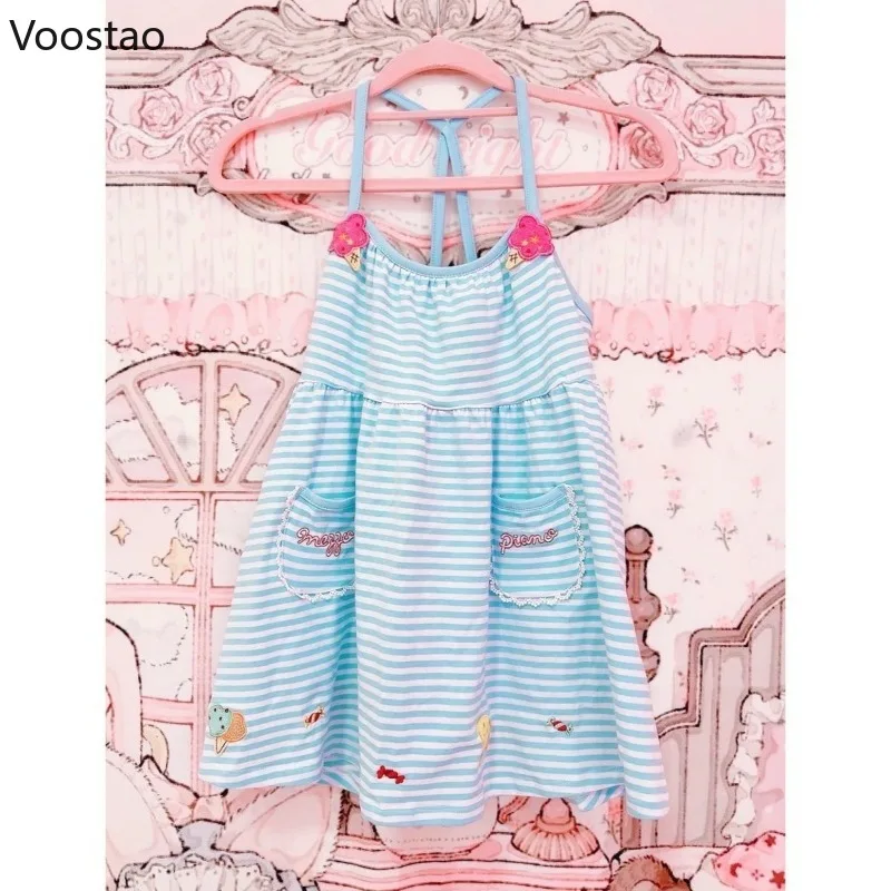 Japanese Cute Lolita Style Princess Dress Women Sweet Striped Cartoon Embroidery Strap Dresses Girls Kawaii Y2k Party Mini Dres