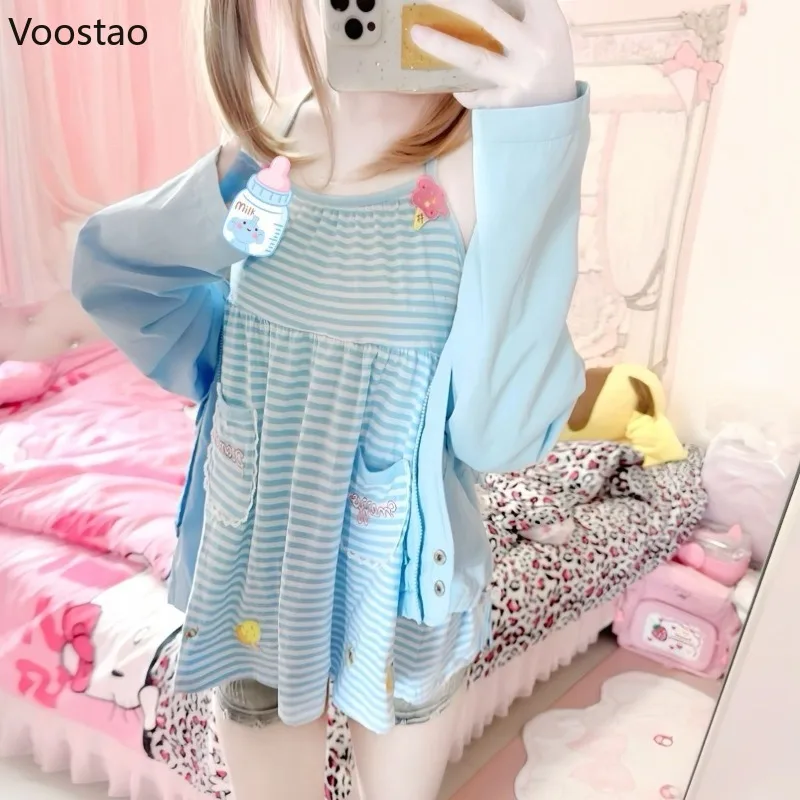 Japanese Cute Lolita Style Princess Dress Women Sweet Striped Cartoon Embroidery Strap Dresses Girls Kawaii Y2k Party Mini Dres