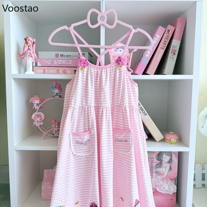 Japanese Cute Lolita Style Princess Dress Women Sweet Striped Cartoon Embroidery Strap Dresses Girls Kawaii Y2k Party Mini Dres