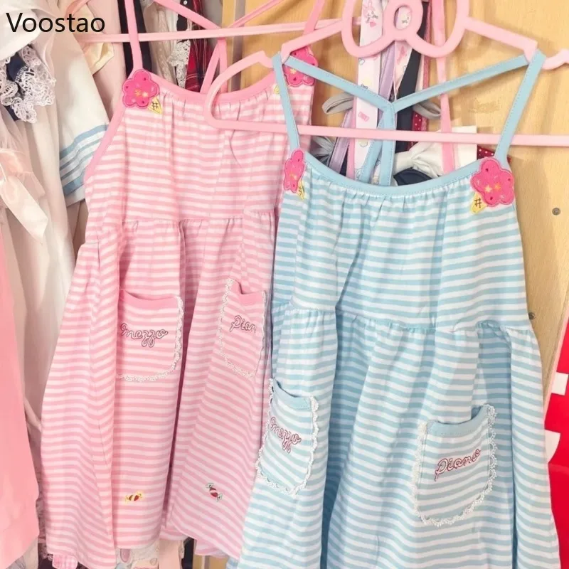 Japanese Cute Lolita Style Princess Dress Women Sweet Striped Cartoon Embroidery Strap Dresses Girls Kawaii Y2k Party Mini Dres