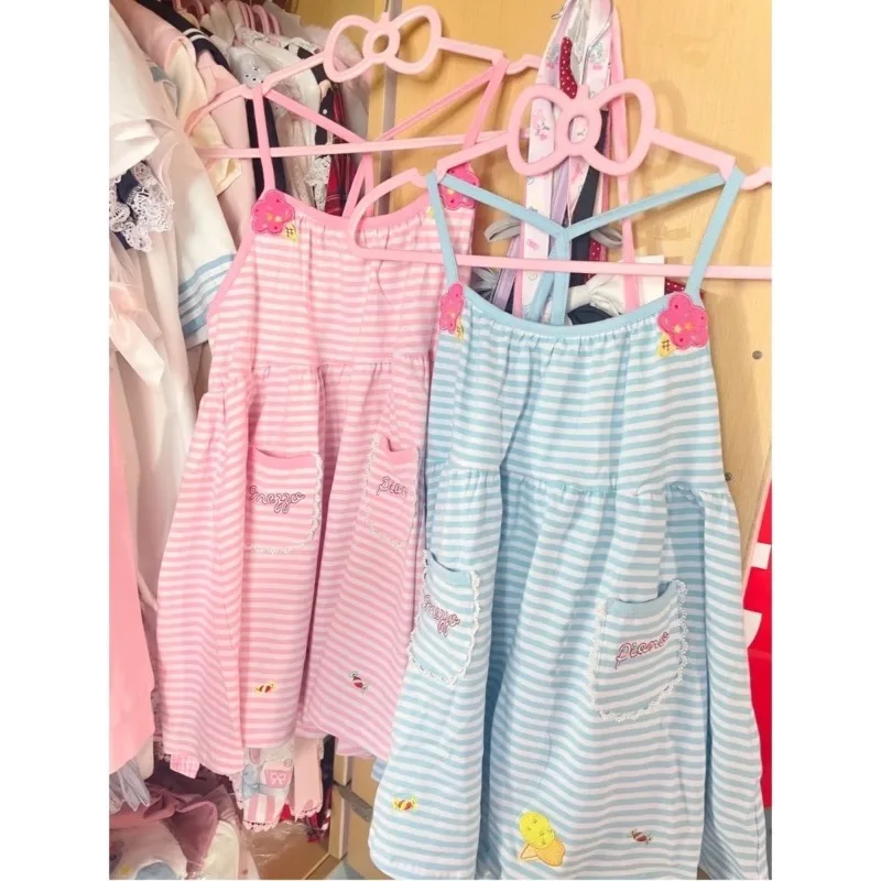 Japanese Cute Lolita Style Princess Dress Women Sweet Striped Cartoon Embroidery Strap Dresses Girls Kawaii Y2k Party Mini Dres