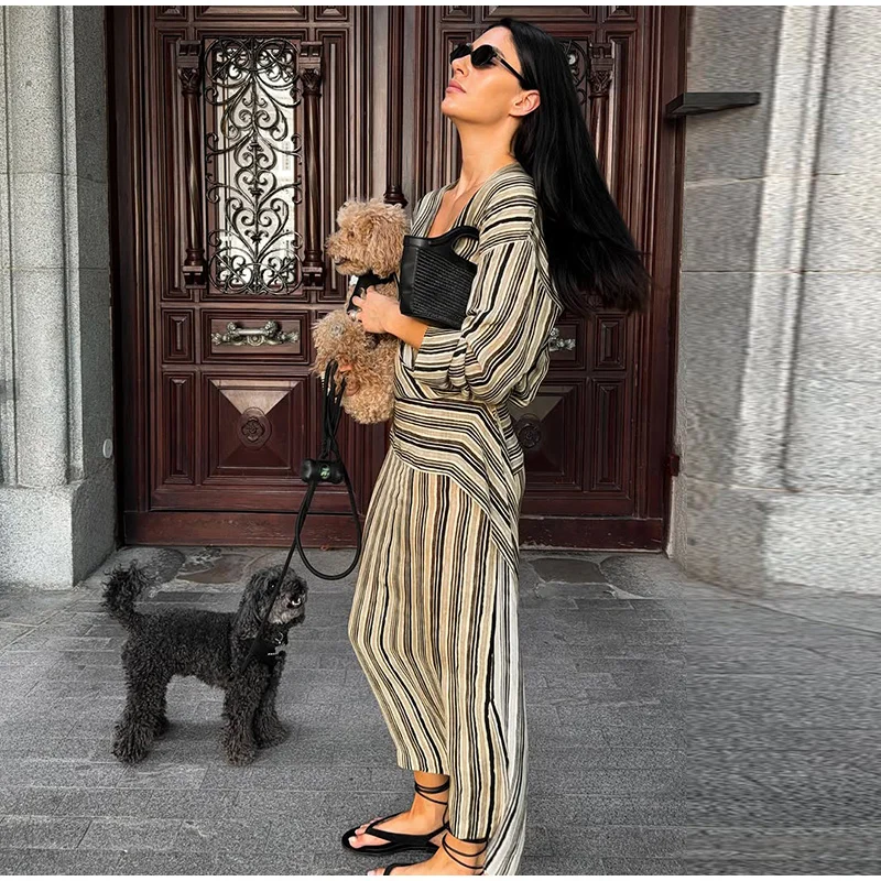Striped Women's Dress Deep V Long Sleeve Dress Waist Belt Dress Daily Fashion Wear Casual Loose Fit 2026 Collection