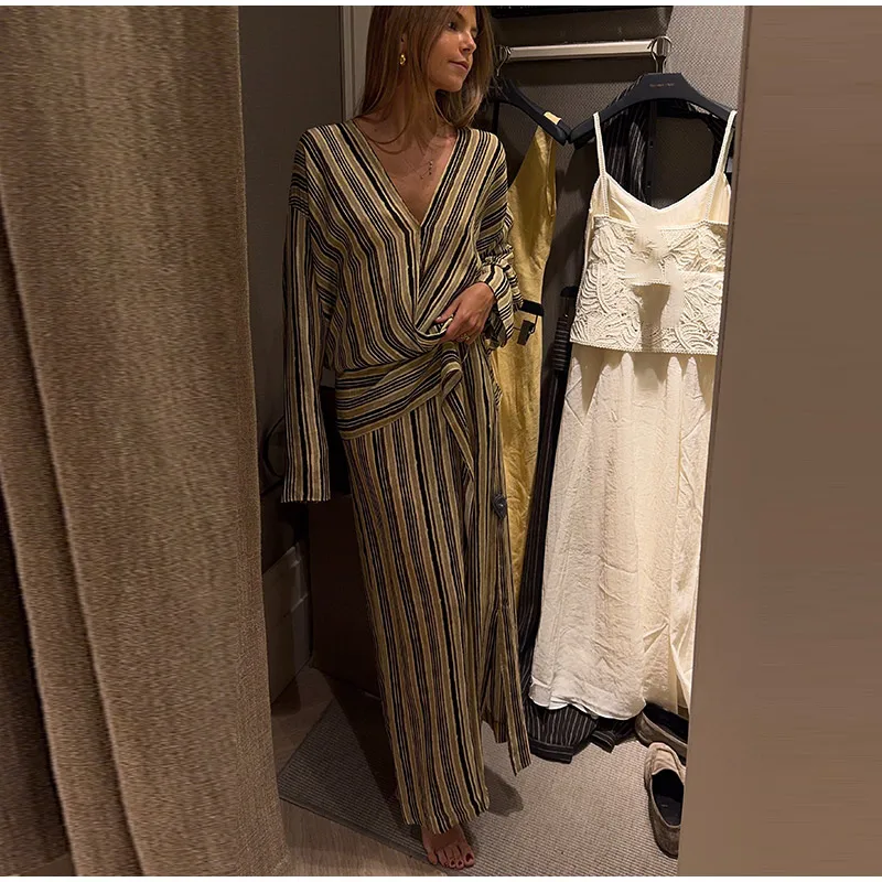 Striped Women's Dress Deep V Long Sleeve Dress Waist Belt Dress Daily Fashion Wear Casual Loose Fit 2026 Collection