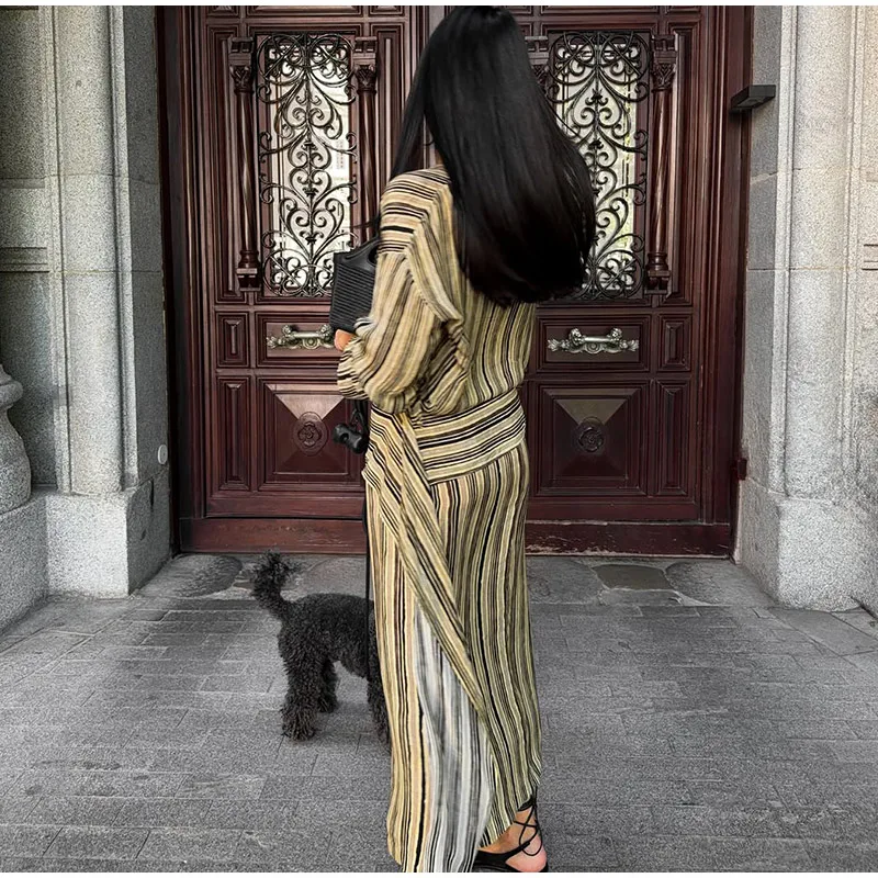 Striped Women's Dress Deep V Long Sleeve Dress Waist Belt Dress Daily Fashion Wear Casual Loose Fit 2026 Collection