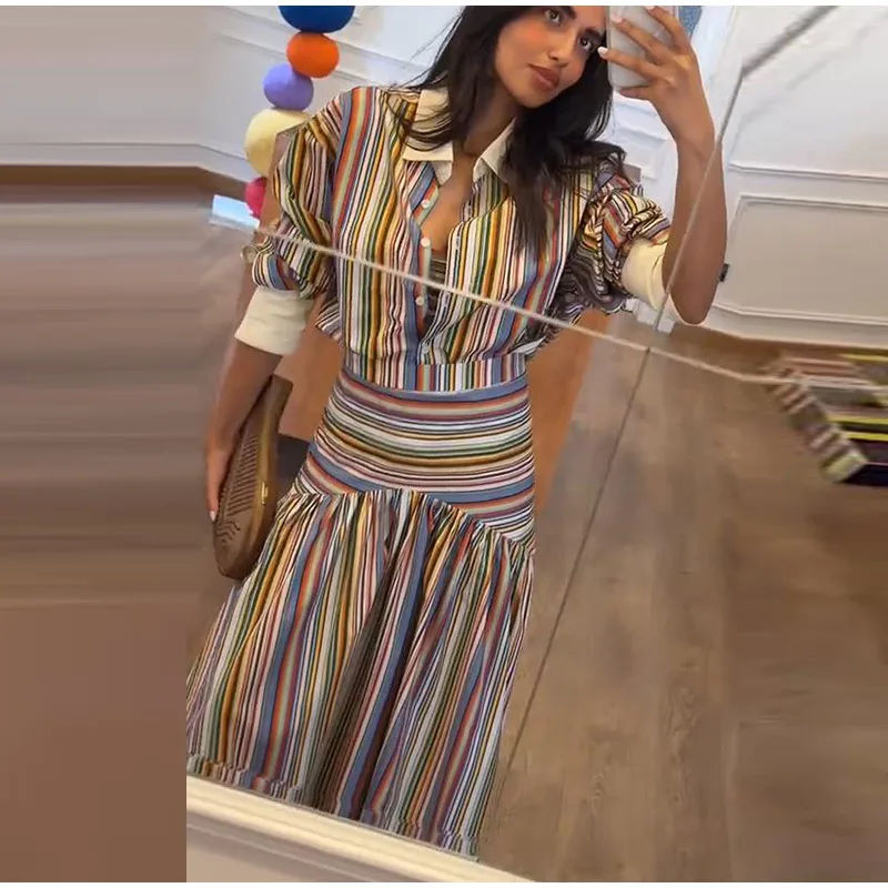 Striped Women's Dress Deep V Long Sleeve Dress Waist Belt Dress Daily Fashion Wear Casual Loose Fit 2026 Collection