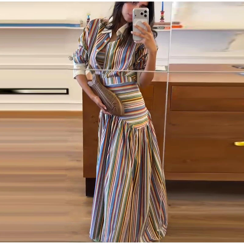 Striped Women's Dress Deep V Long Sleeve Dress Waist Belt Dress Daily Fashion Wear Casual Loose Fit 2026 Collection
