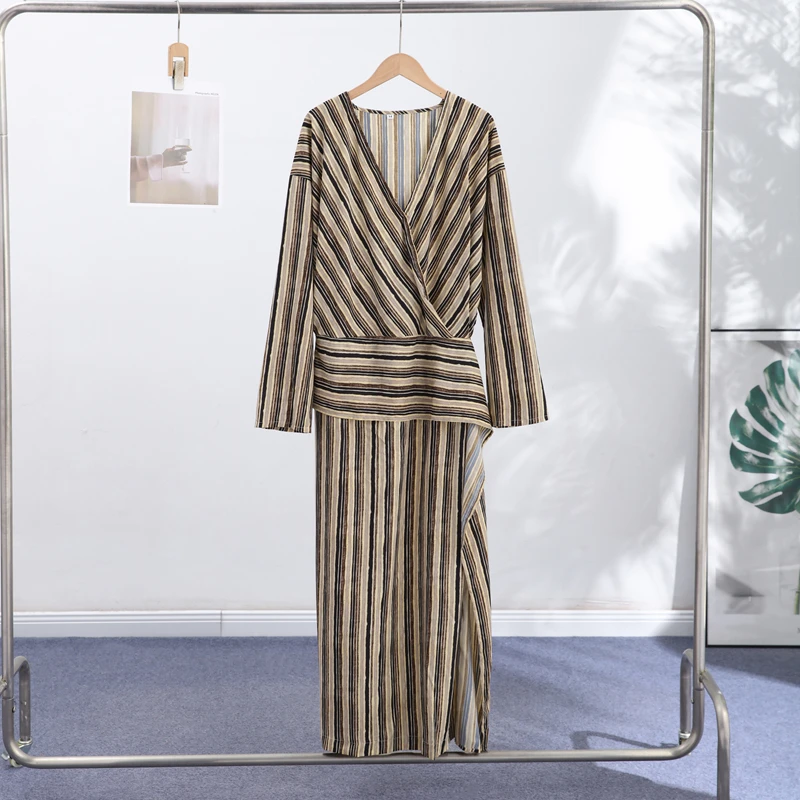 Striped Women's Dress Deep V Long Sleeve Dress Waist Belt Dress Daily Fashion Wear Casual Loose Fit 2026 Collection