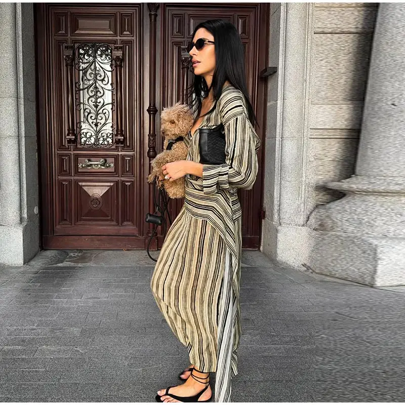Striped Women's Dress Deep V Long Sleeve Dress Waist Belt Dress Daily Fashion Wear Casual Loose Fit 2026 Collection