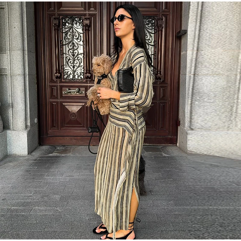 Striped Women's Dress Deep V Long Sleeve Dress Waist Belt Dress Daily Fashion Wear Casual Loose Fit 2026 Collection