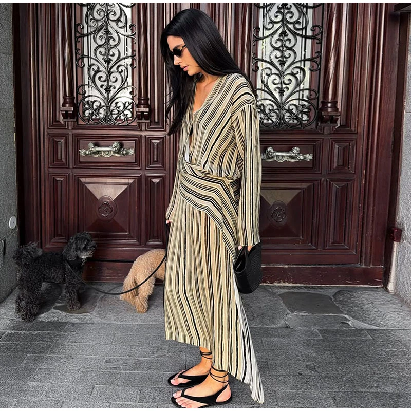 Striped Women's Dress Deep V Long Sleeve Dress Waist Belt Dress Daily Fashion Wear Casual Loose Fit 2026 Collection