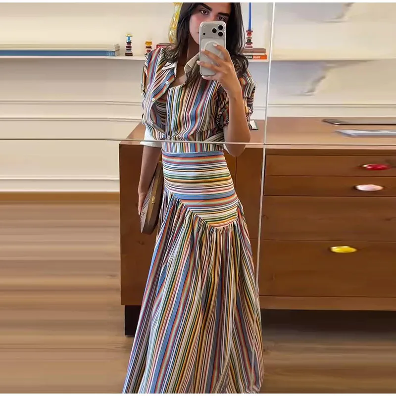 Striped Women's Dress Deep V Long Sleeve Dress Waist Belt Dress Daily Fashion Wear Casual Loose Fit 2026 Collection