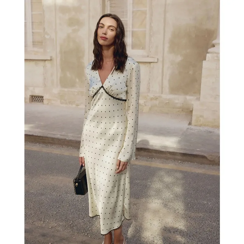 Talenza Women Polka Dot Dress Fashion Satin Print Contrast V-Neck High-Waisted New Dress Summer Elegant Female Party Dress 2026
