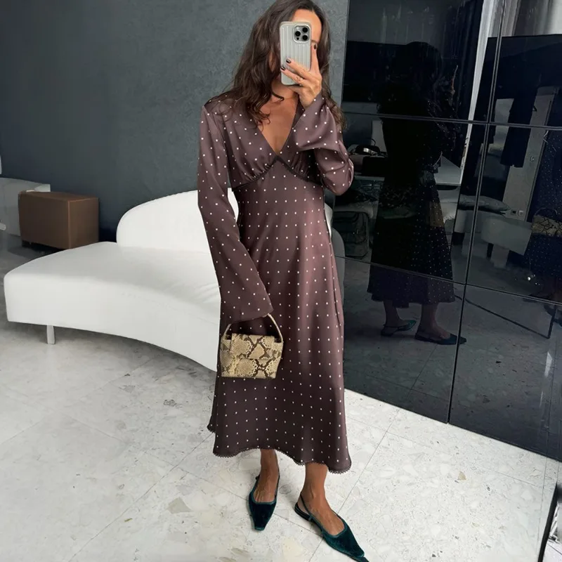 Talenza Women Polka Dot Dress Fashion Satin Print Contrast V-Neck High-Waisted New Dress Summer Elegant Female Party Dress 2026