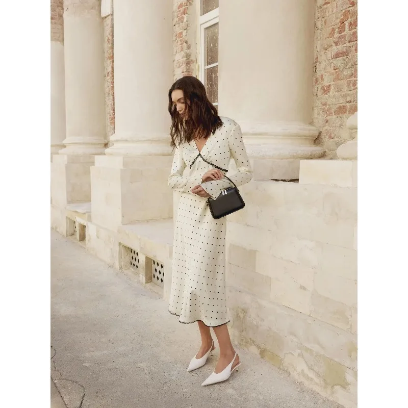 Talenza Women Polka Dot Dress Fashion Satin Print Contrast V-Neck High-Waisted New Dress Summer Elegant Female Party Dress 2026
