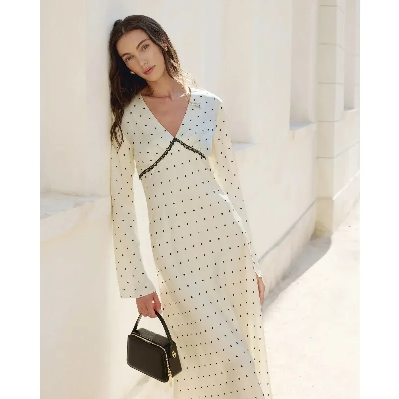 Talenza Women Polka Dot Dress Fashion Satin Print Contrast V-Neck High-Waisted New Dress Summer Elegant Female Party Dress 2026