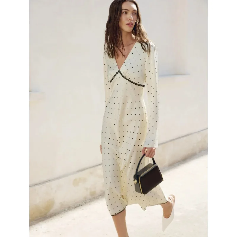 Talenza Women Polka Dot Dress Fashion Satin Print Contrast V-Neck High-Waisted New Dress Summer Elegant Female Party Dress 2026