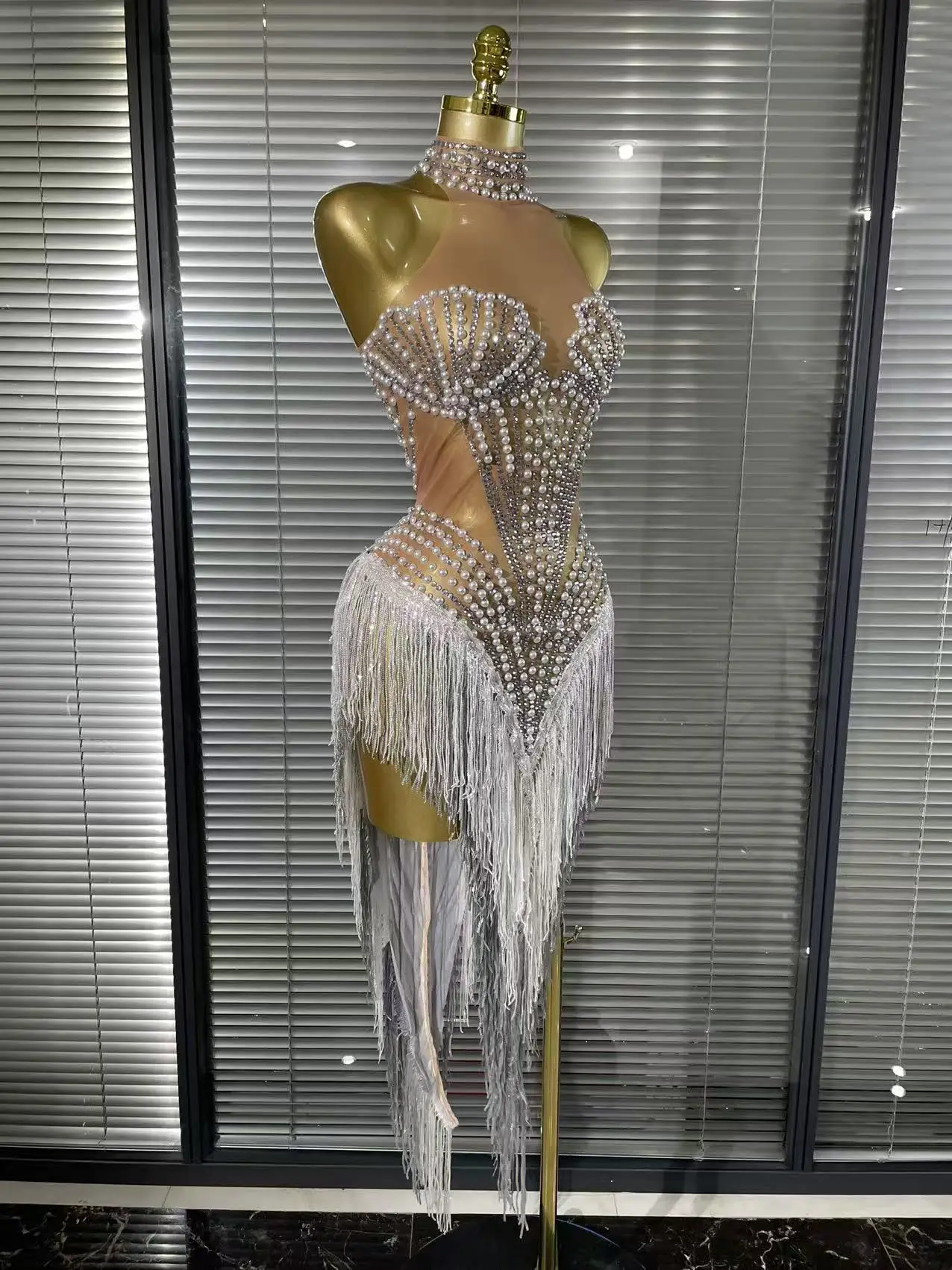 White Golden Color Women Sexy Off the Shoulder Shining Sequins Beading Bodycon Mid-calf Dress Birthday Photoshoot Stage Wear