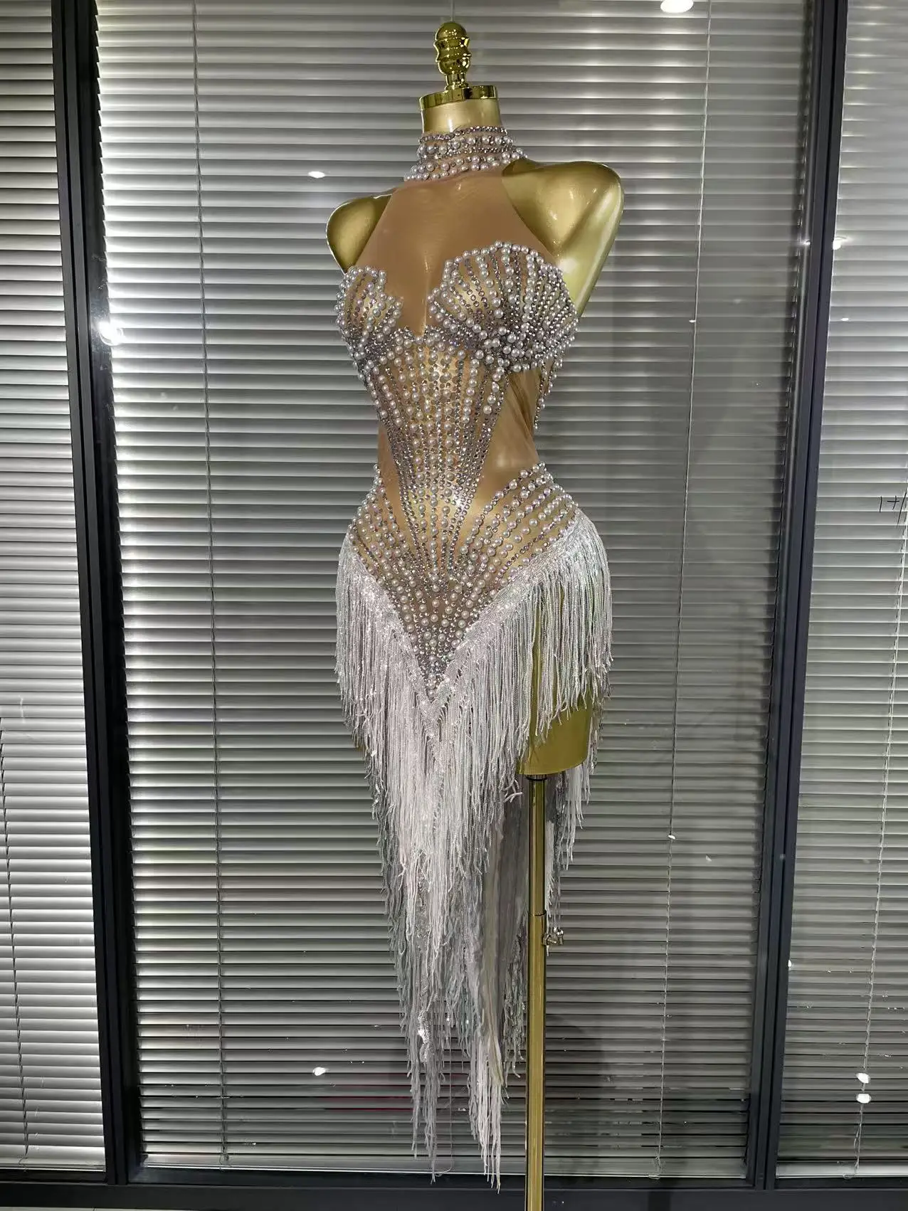 White Golden Color Women Sexy Off the Shoulder Shining Sequins Beading Bodycon Mid-calf Dress Birthday Photoshoot Stage Wear