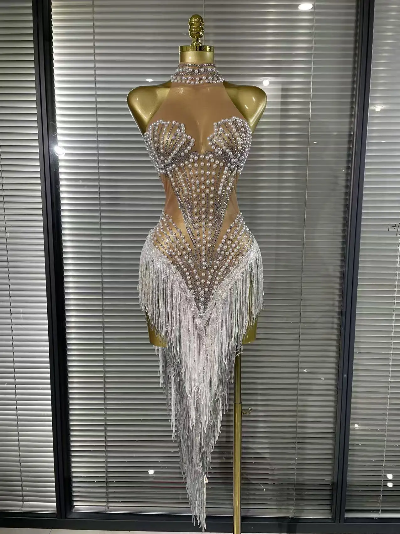 White Golden Color Women Sexy Off the Shoulder Shining Sequins Beading Bodycon Mid-calf Dress Birthday Photoshoot Stage Wear