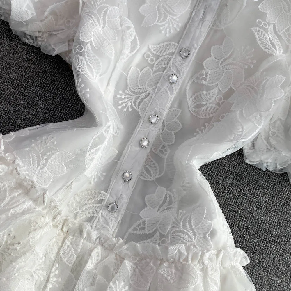 CM.YAYA Women Short Sleeve Lace Embroidery A-line Tiered Mini Dress 2025 Sweet Elegant Sexy Evening Night Party Vestidos Dresses