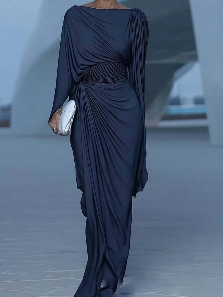 Sexy Slash Collar Pleat Slim Evening Dress Elegant High Waist Solid Color Banquet Dress Lady Leisure Irregular Long Sleeve Dress
