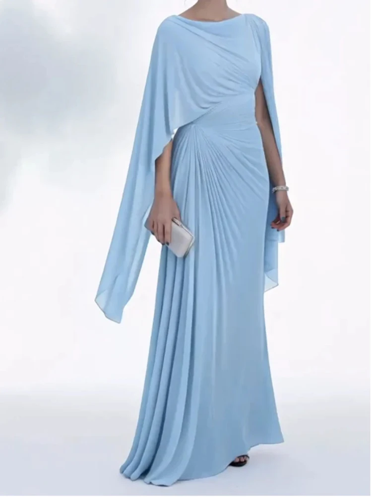 Sexy Slash Collar Pleat Slim Evening Dress Elegant High Waist Solid Color Banquet Dress Lady Leisure Irregular Long Sleeve Dress