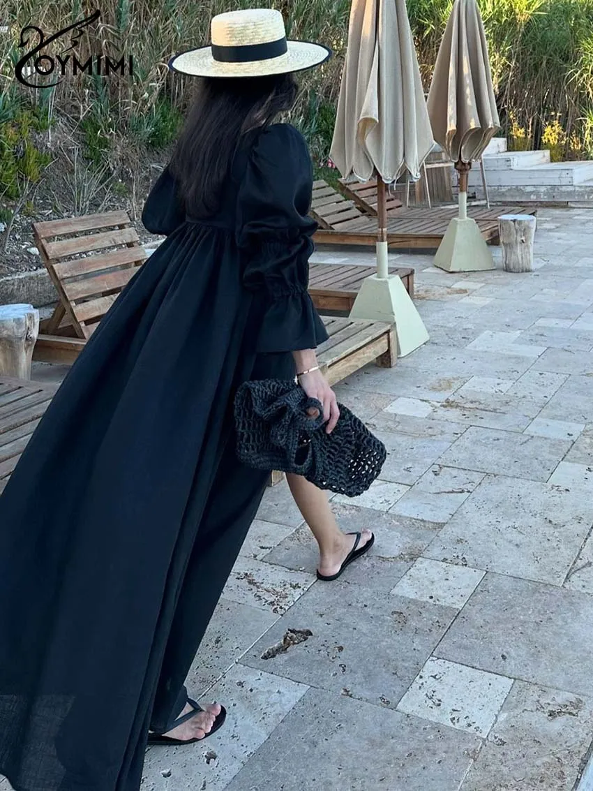 Oymimi Fashion Black Lace-Up Dresses 2025 Woman Elegant Square Neck Long Sleeve Dresses Casual High Waisted Ankle-Length Dress
